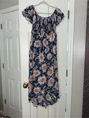 PinkBlush Blue Floral Off Shoulder Smocked
Wrap Maternity Dress